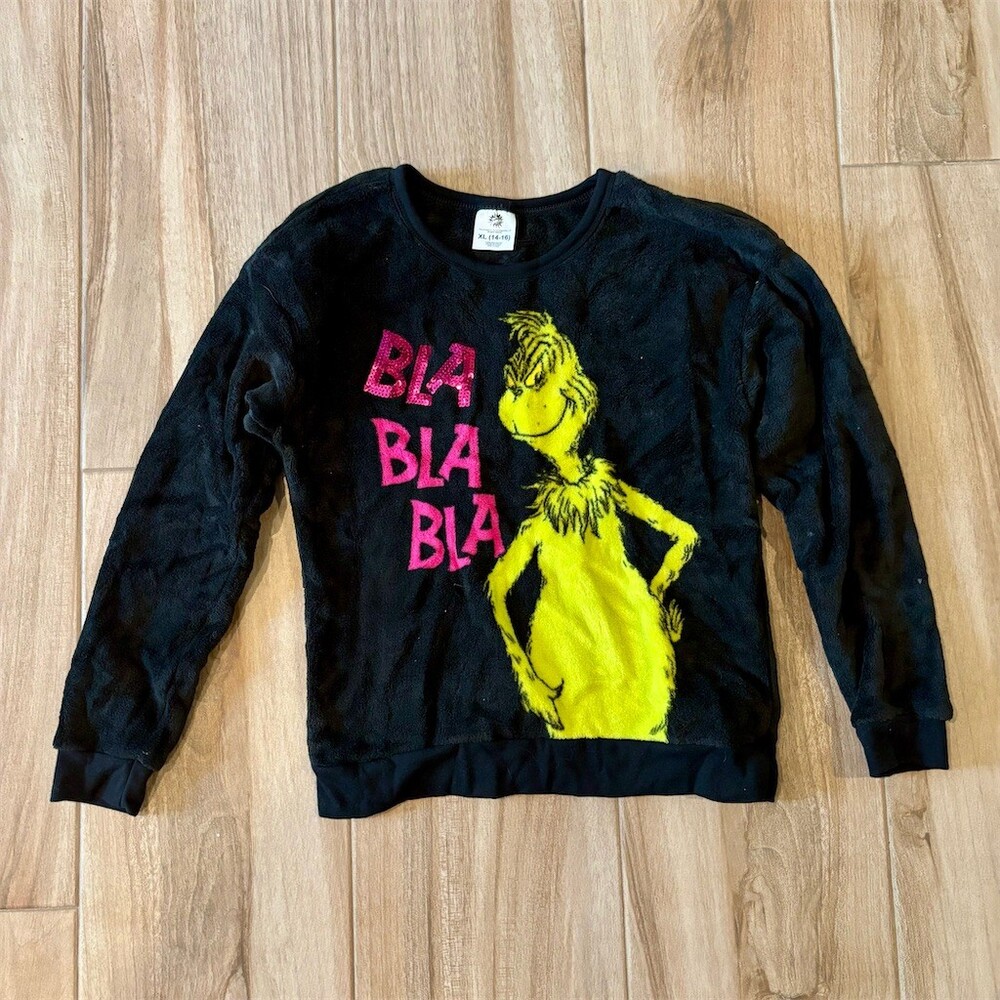 Dr. Seuss The Grinch Sweatshirt Youth XL Black Plush Fleece Pullover
